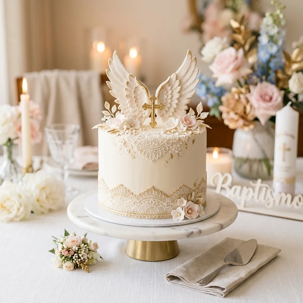 Bolo de batizado botânico com folhagem e símbolo de fé