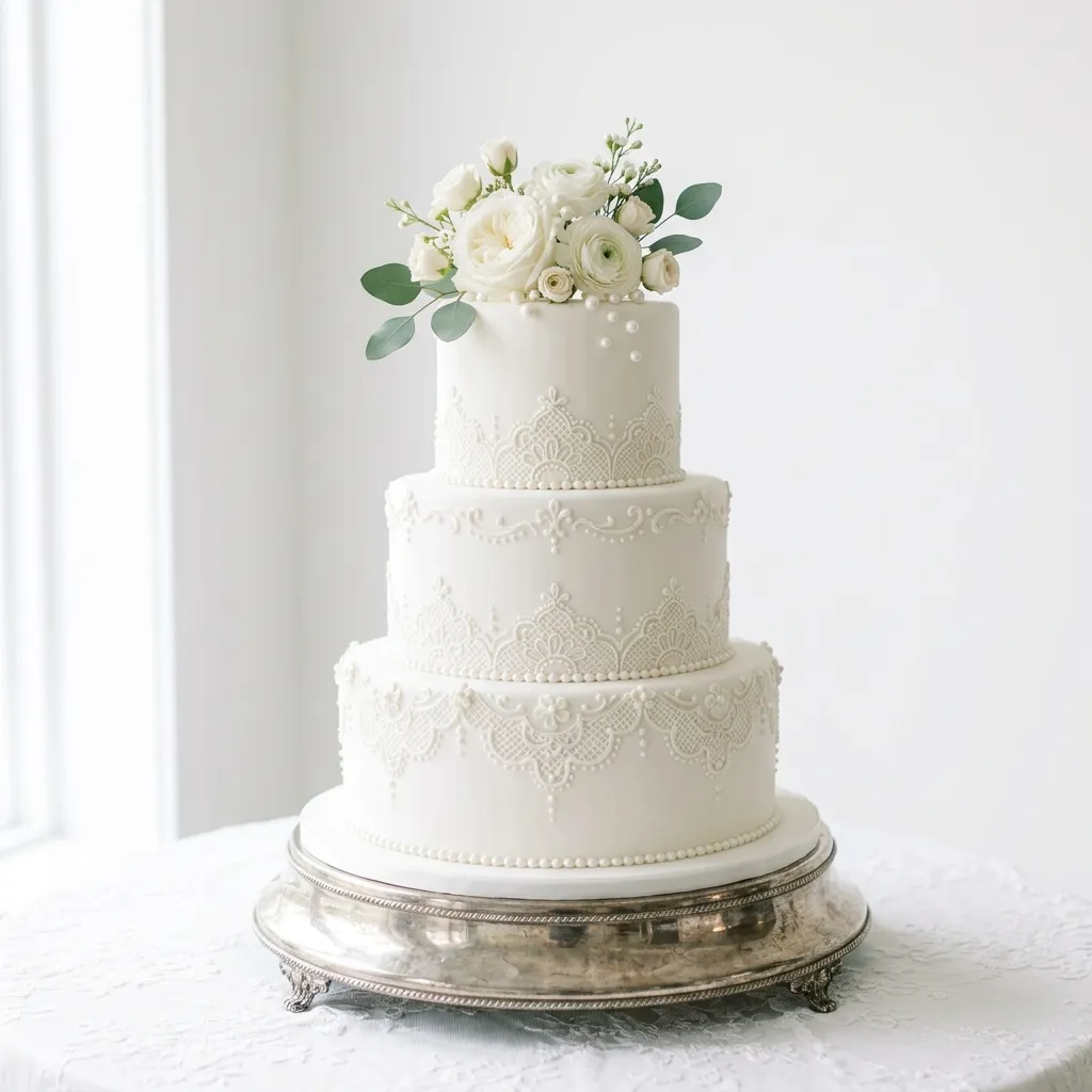 Bolo de casamento clássico com renda no Luxemburgo