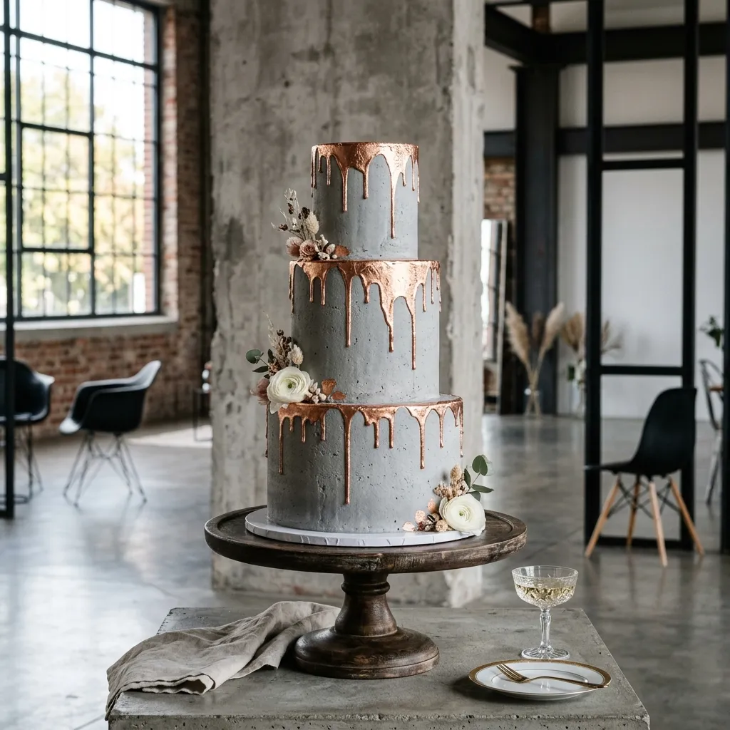 Bolo de casamento com detalhe rose gold e estilo industrial