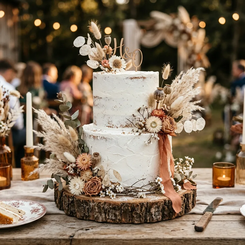 Bolo de casamento rústico com flores silvestres